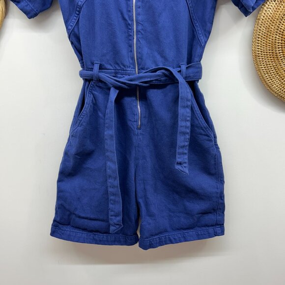 $148 Reformation Blue Short Sleeve Collared Zip Up Short Sleeve Denim Romper 0 - Picture 5 of 8
